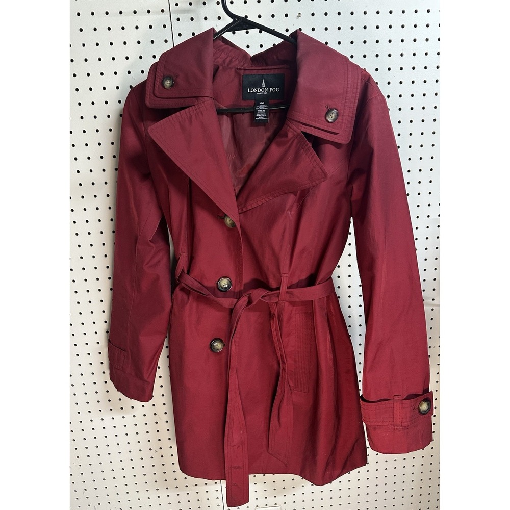 London Fog‎ Trench Coat Womens Medium Dark Red Burgundy Cotton Blend Belted